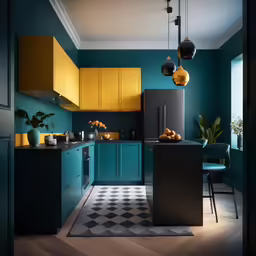 the green wall in the kitchen has hanging yellow lights