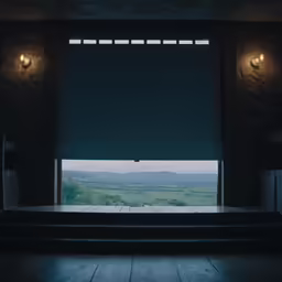 an open window shows a scenic landscape outside