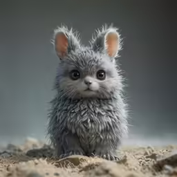 a gray and white cat sitting in the dirt