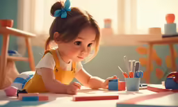 a little girl that is sitting down with some pens