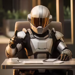 a man in armor sitting at a table with his hands on a keyboard