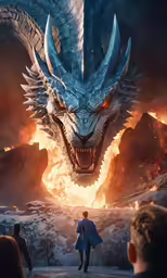 a man in a dragon suit is standing near fire