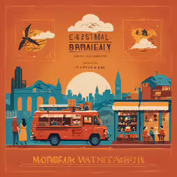 poster showing people standing at a bar, near an orange van with a bird in the sky,an orange travel poster shows a street with food stands and shops
