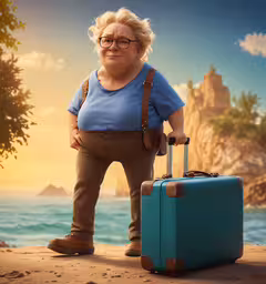 a person in glasses holds a luggage bag,a cartoon image of an elderly woman standing on the shore with her suitcase
