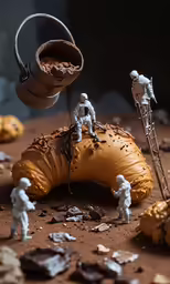 miniature figurines are shown near fake food