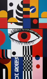 a painting of a large eye on the top half of a building