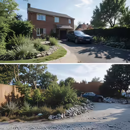 an outside photo and inside view of a driveway