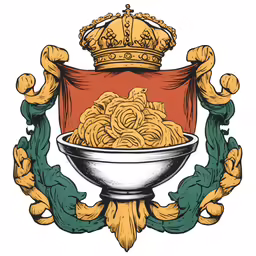 a bowl of noodles sits in the center of a crest with crown