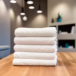 a stack of pillows sit on a table in a bright room
