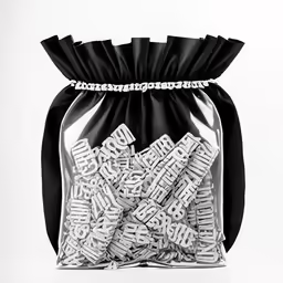 a small bag of plastic letters on a white background