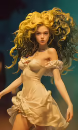 a blonde doll with a flowing dress and bright blue background