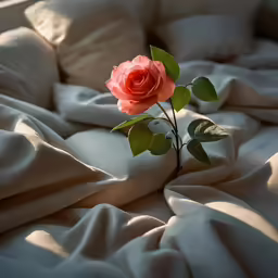 a rose sitting on top of sheets on a bed