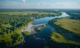an aerial view shows a small river and two small islands