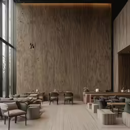 a restaurant with chairs and wood paneling