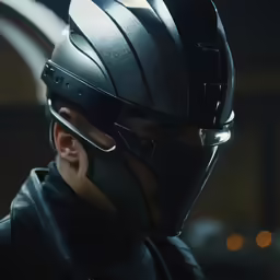 man wearing motorcycle helmet on dark background