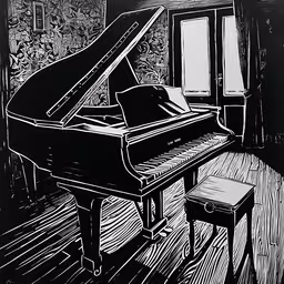 a drawing of a grand piano in a house,a drawing of a piano and stool in a living room