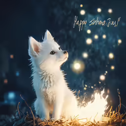 the little white cat is sitting in the fire pit