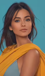 a close up of a woman wearing a yellow wrap
