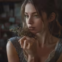 a woman holding a dried flower near her face