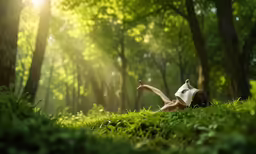 a woman laying down in the grass looking at the sun