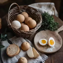 eggs and bread on a wooden surface near a basket with leaves