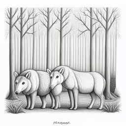 two animals standing together in the woods