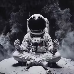 an astronaut meditating in space and surrounded by smoke