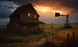 a rustic barn and windmill in a grassy field,a house in the middle of an open field