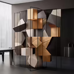 modern mirrored display with large shapes and wood accents