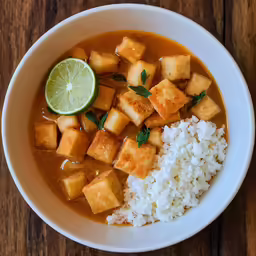 a plate with rice, curry and tofu on top
