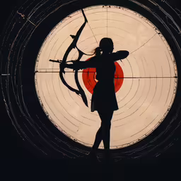a woman that is standing near a bow and arrow,a silhouette of a girl holding an arrow and aiming a target