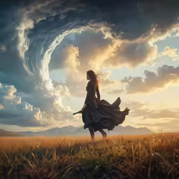 a woman walking across a lush green field