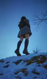 a woman standing on the top of a snow covered hill in a coat
