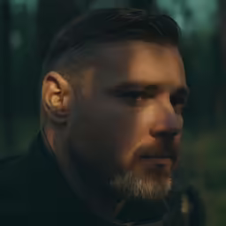 a man with a shaved head and beard staring off into the distance