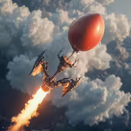 a large red balloon is flying in the sky