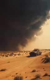 the cars are driving on the desert near a large black cloud