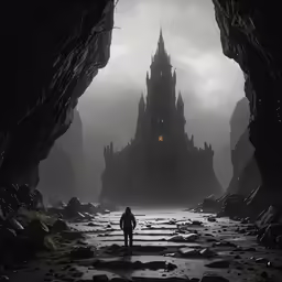 a man is standing in a dark cave with an odd building