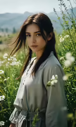 a woman standing in a field full of flowers
