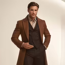 a man standing next to a tall wall wearing a coat and tie