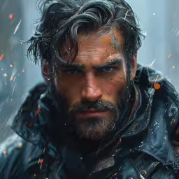 a character in a black outfit looking down at something,a man with a beard and beard, in a cold weather