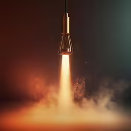 an open rocket launching from the ground, with dust around
