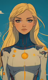 a woman in white with yellow dots on her shoulders