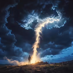 a man standing on top of a grass covered field next to a big cloud