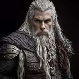 there is a man with long gray hair wearing armor