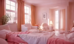 a chair and table with lamps in a large room