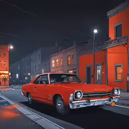 an old fashion orange car is parked on the street,an old car parked on the side of a street