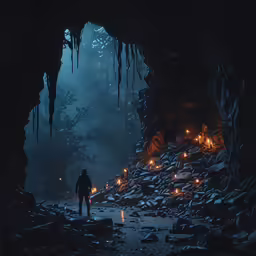 the person stands in the center of the cave by candle lights