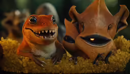 a little dinosaur with a fake head, an enormous toothy creature and one big lizard face