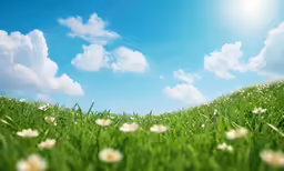 a grassy hill with daisies in the foreground and a blue sky in the background