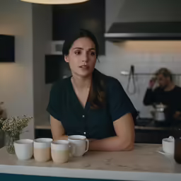 a woman sitting at a counter top with three coffee cups